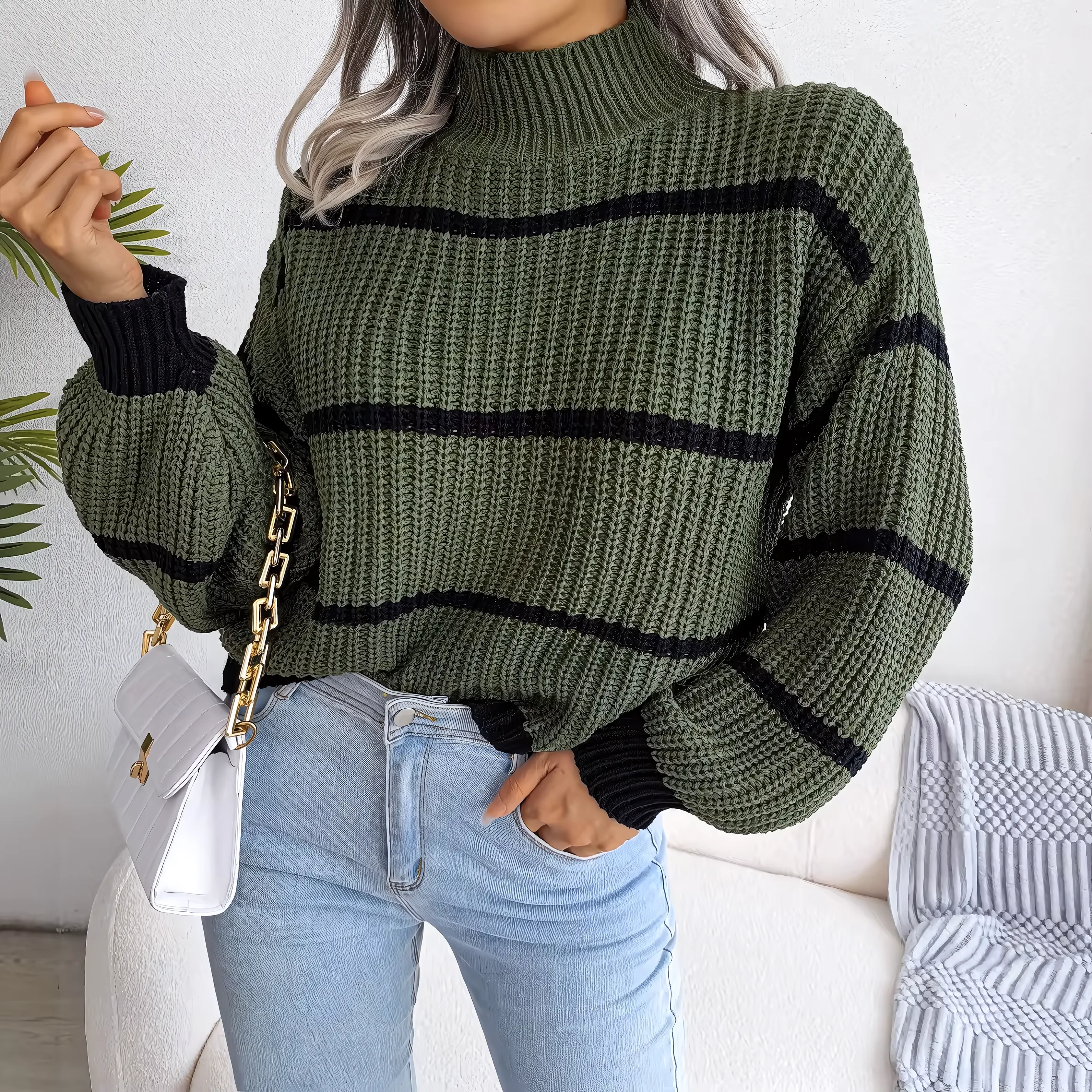 European Style Striped Lantern Sleeve  Knitted Pullover