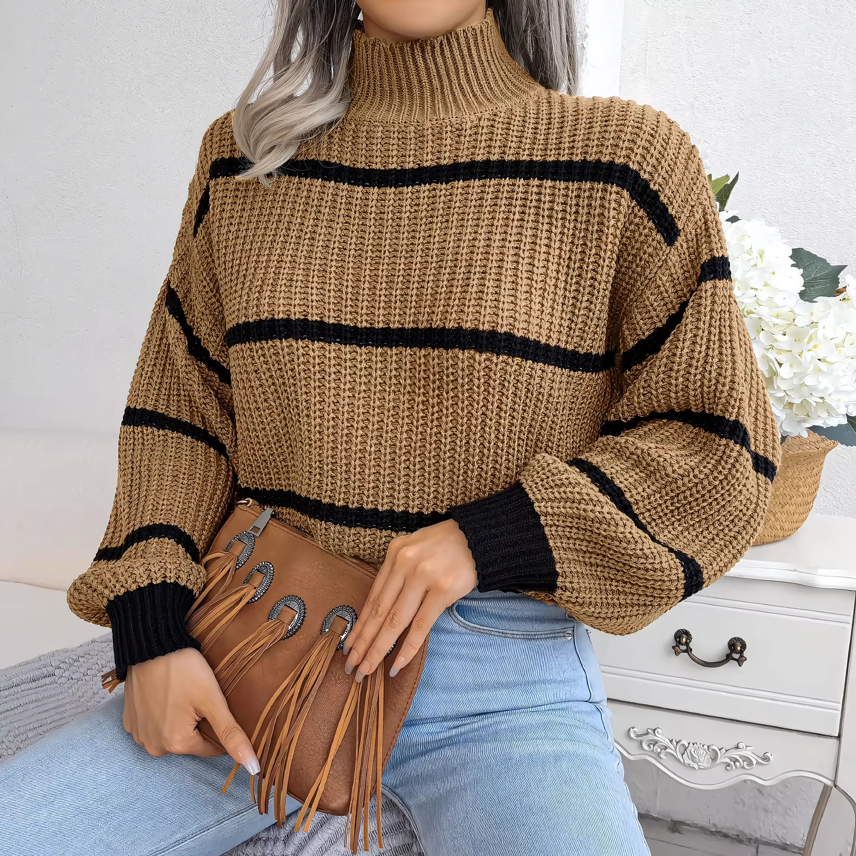 European Style Striped Lantern Sleeve  Knitted Pullover