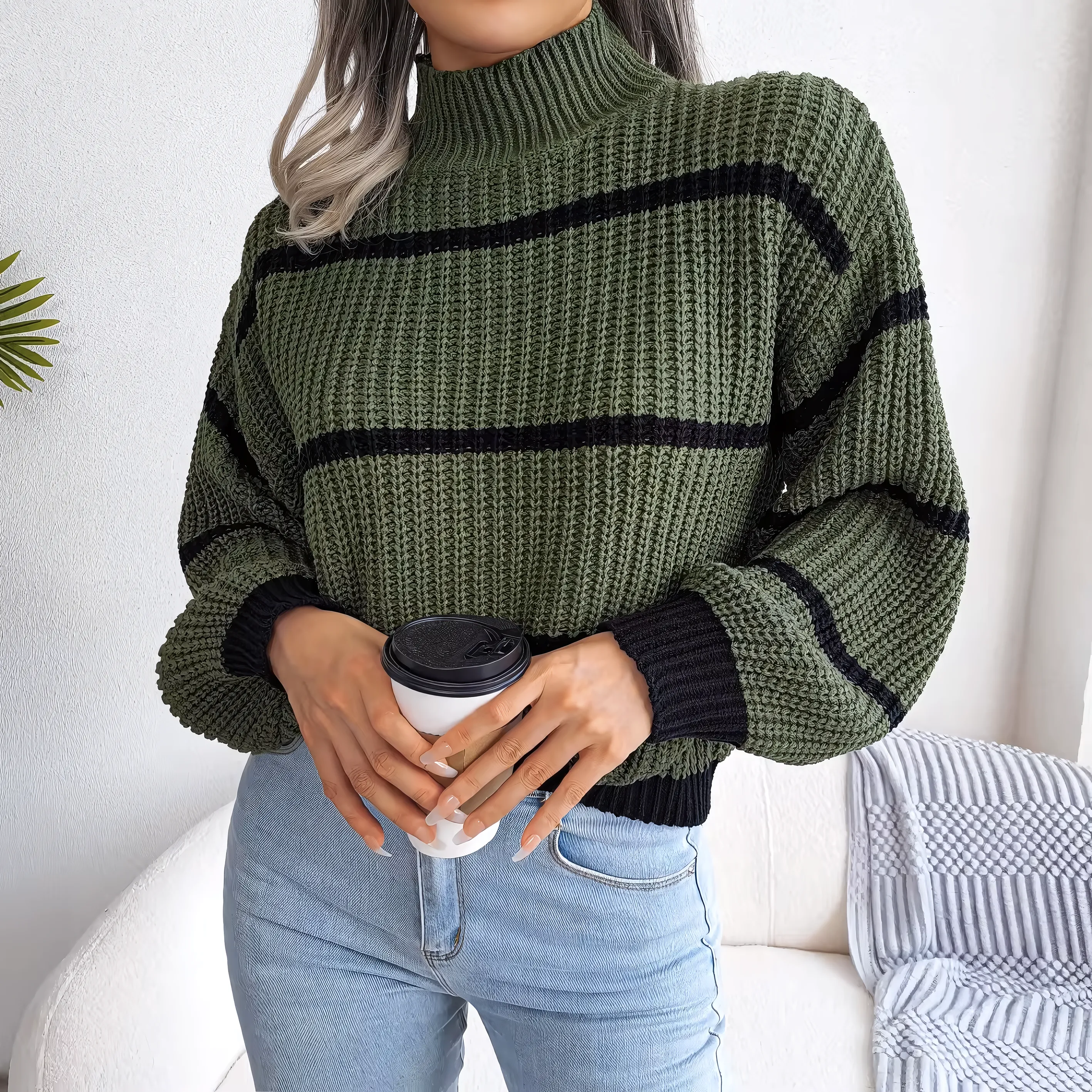 European Style Striped Lantern Sleeve  Knitted Pullover