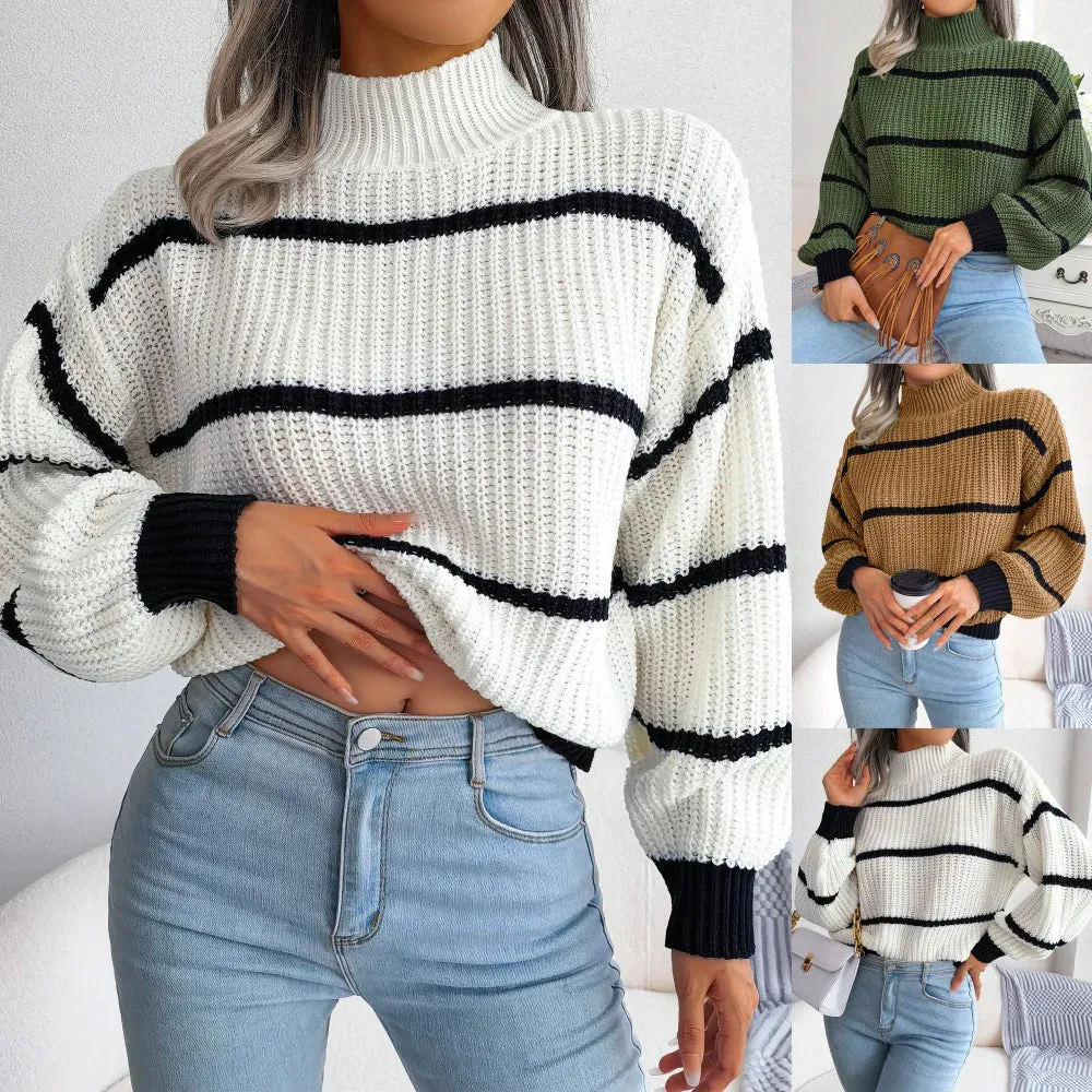 European Style Striped Lantern Sleeve  Knitted Pullover