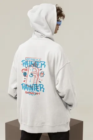 Everybody is A Painter White Printed Oversized Hoodie for men