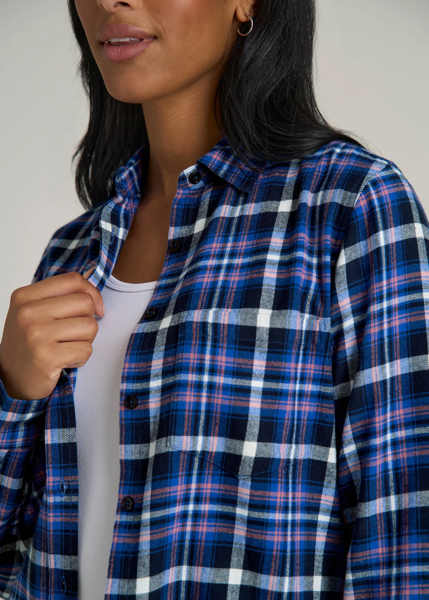 Flannel Button-Up Shirt for Tall Women in Cobalt, Navy, and Peach Plaid