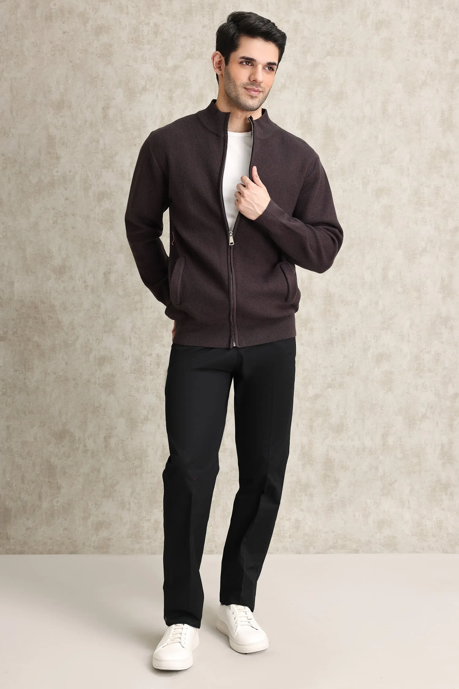 FULL-ZIP MOCK NECK SWEATER-PURPLE