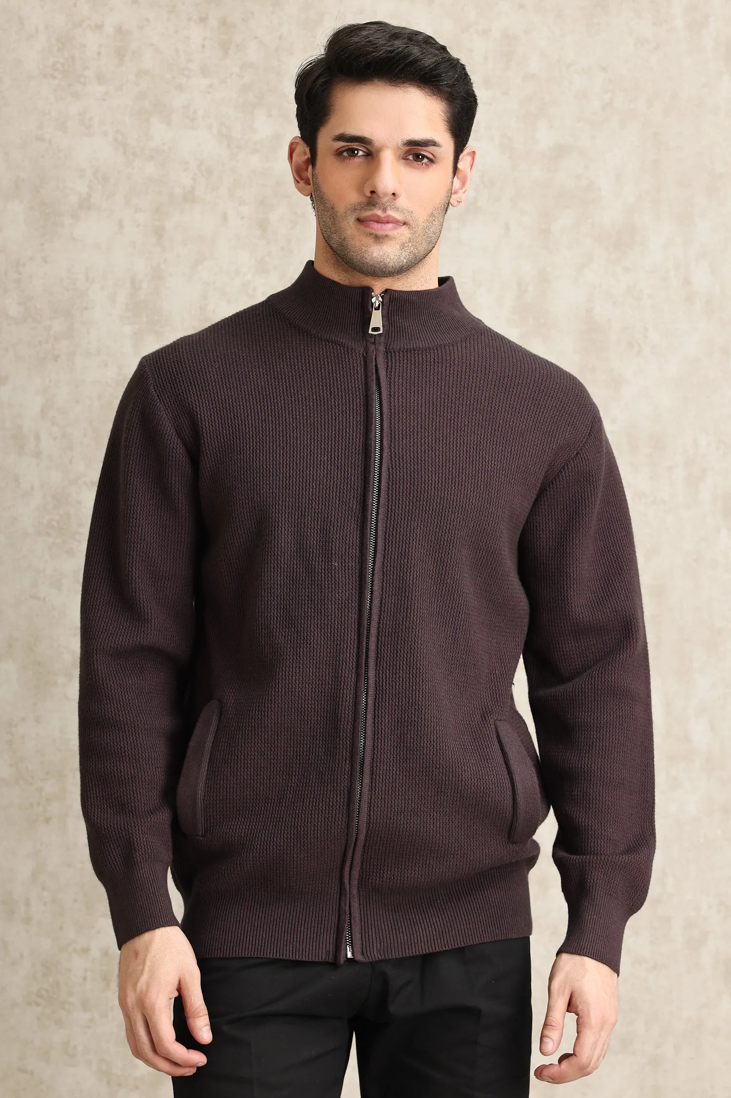 FULL-ZIP MOCK NECK SWEATER-PURPLE