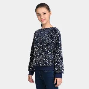 Girls Velvet Sweatshirt Sequins Round-NAVY