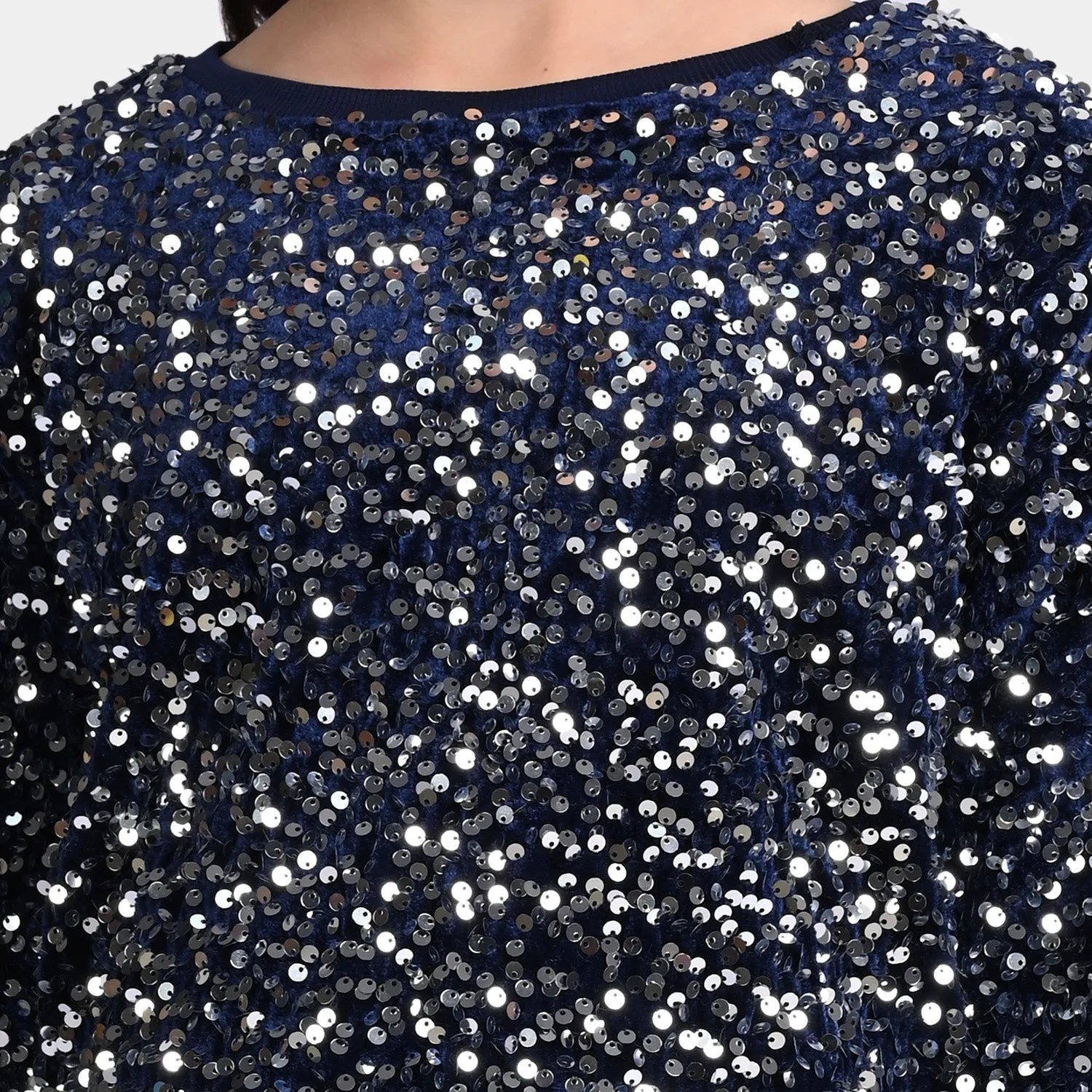 Girls Velvet Sweatshirt Sequins Round-NAVY