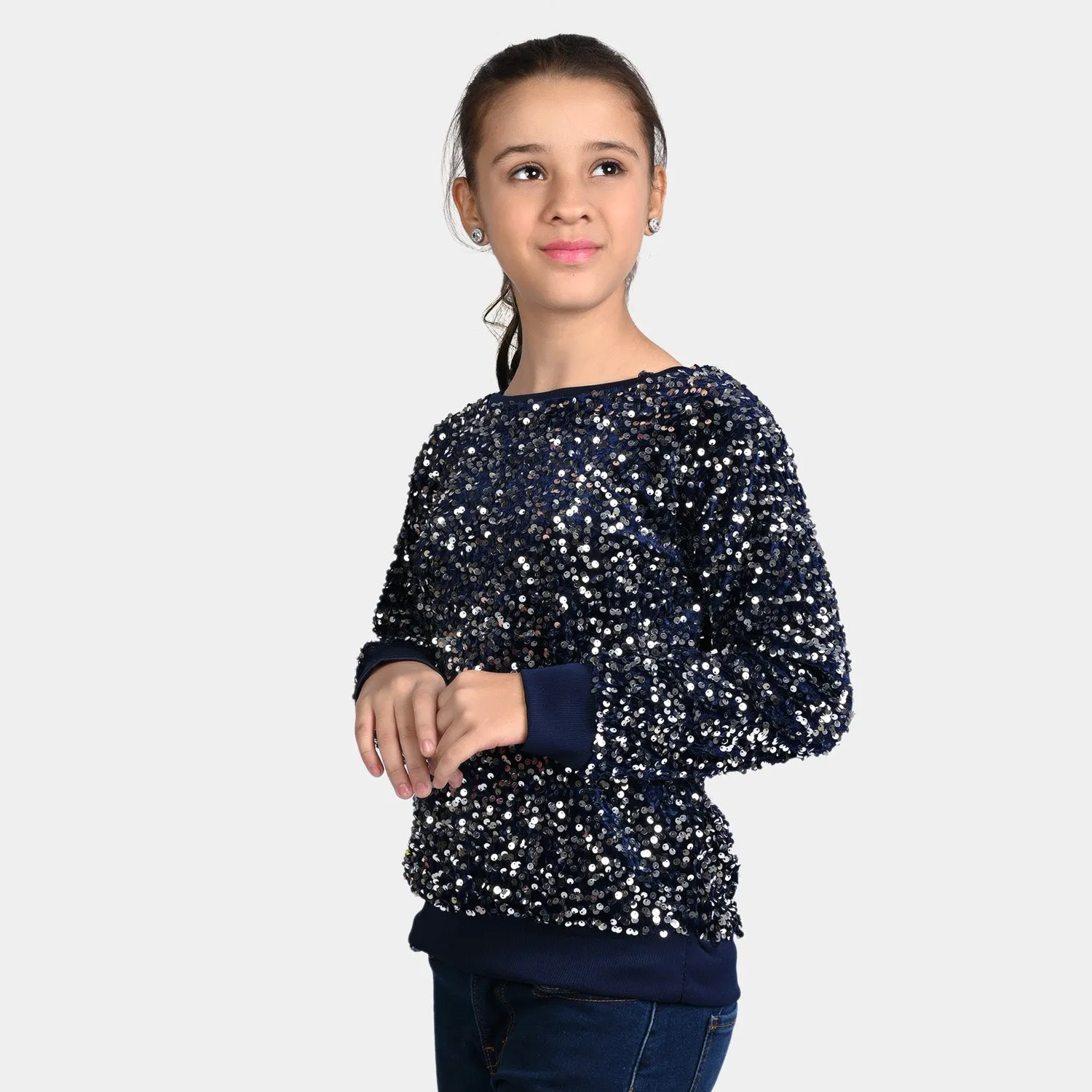 Girls Velvet Sweatshirt Sequins Round-NAVY