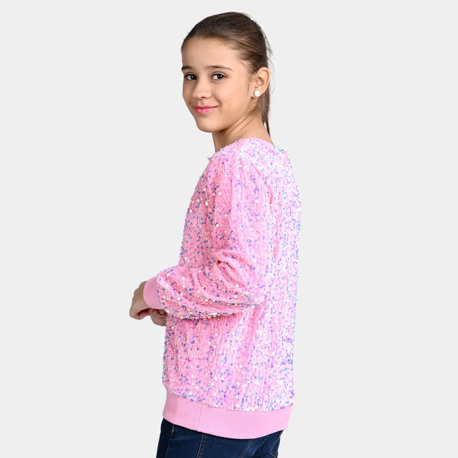 Girls Velvet Sweatshirt Sequins Round-Pink