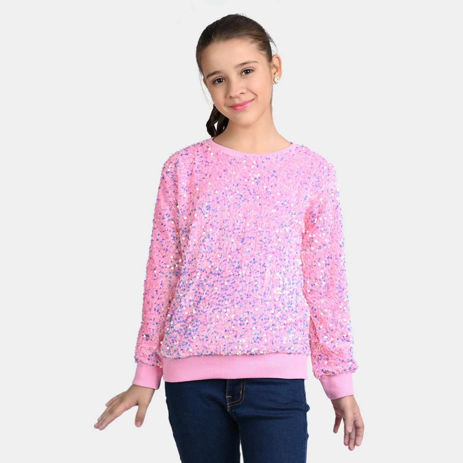 Girls Velvet Sweatshirt Sequins Round-Pink