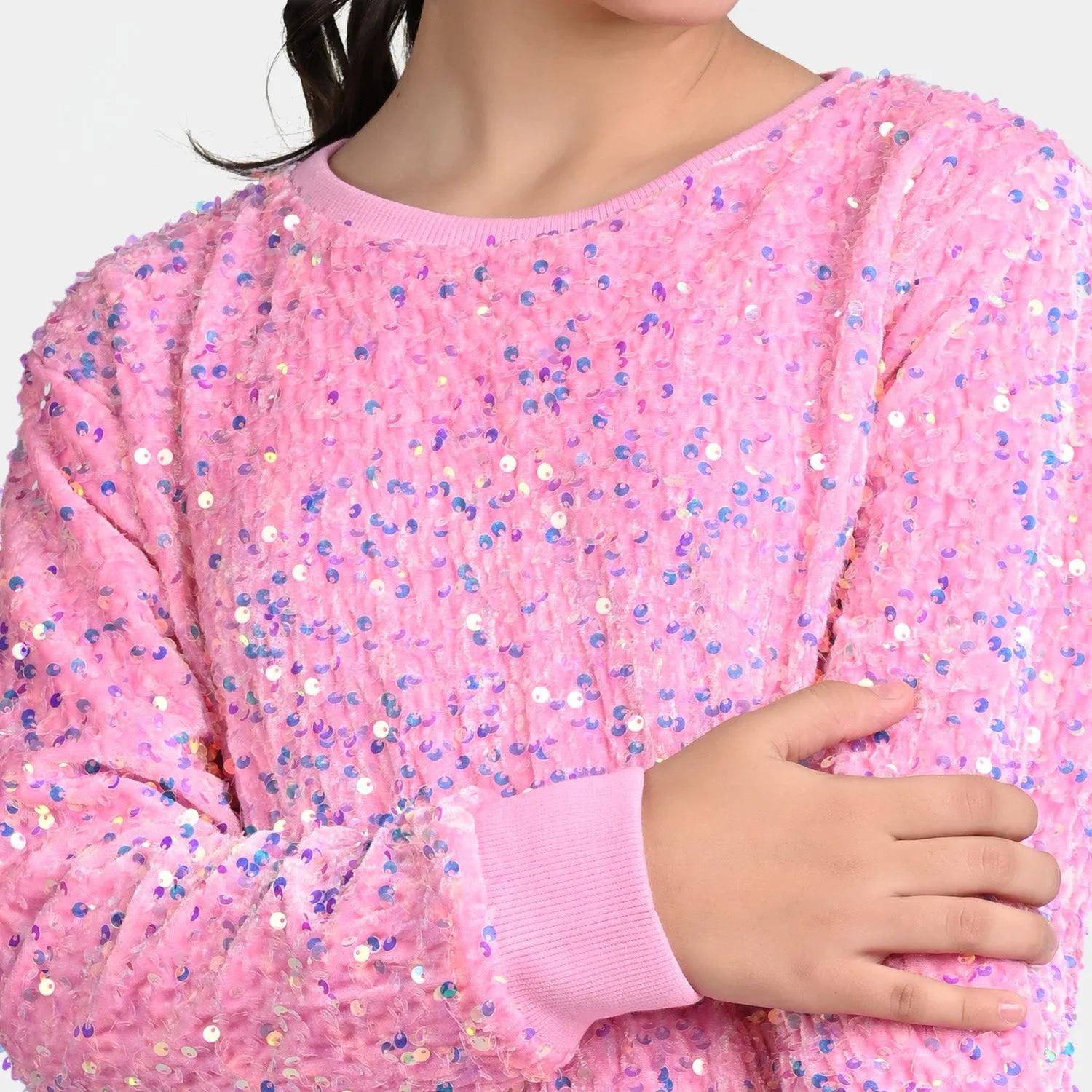 Girls Velvet Sweatshirt Sequins Round-Pink