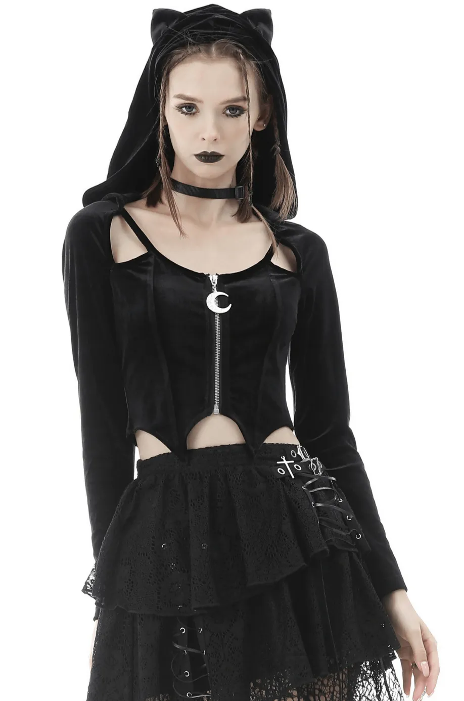 Gothic Batwing Hoodie with Cat Ears and Silver Pendant