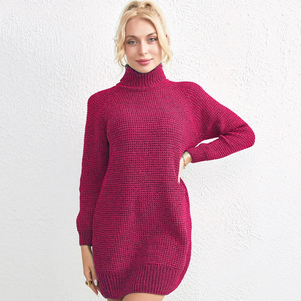 High-necked Chenille Knitted Sweater Dress