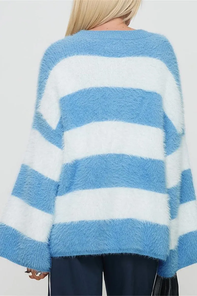 HWS1212 Fuzzy Striped Oversized Sweater