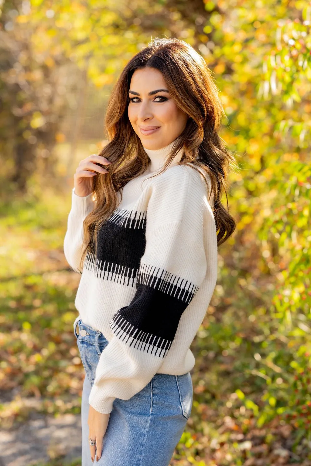 Lined Stripe Relaxed Sleeve Turtleneck Sweater