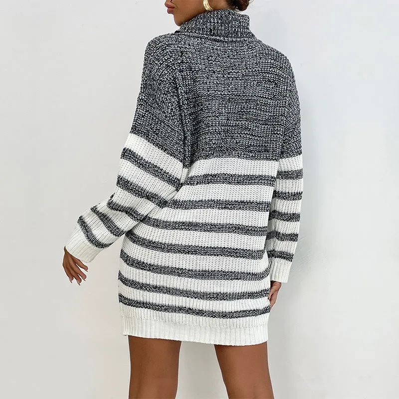 Loose Striped Colorblock Knit Turtleneck Sweater