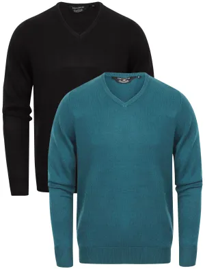 Marling (2 Pack) Soft Cashmillon Knitted V Neck Jumpers in Black / Kingfisher Blue - Kensington Eastside