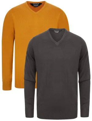 Marling (2 Pack) Soft Cashmillon Knitted V Neck Jumpers in Ebony Grey / Mustard - Kensington Eastside