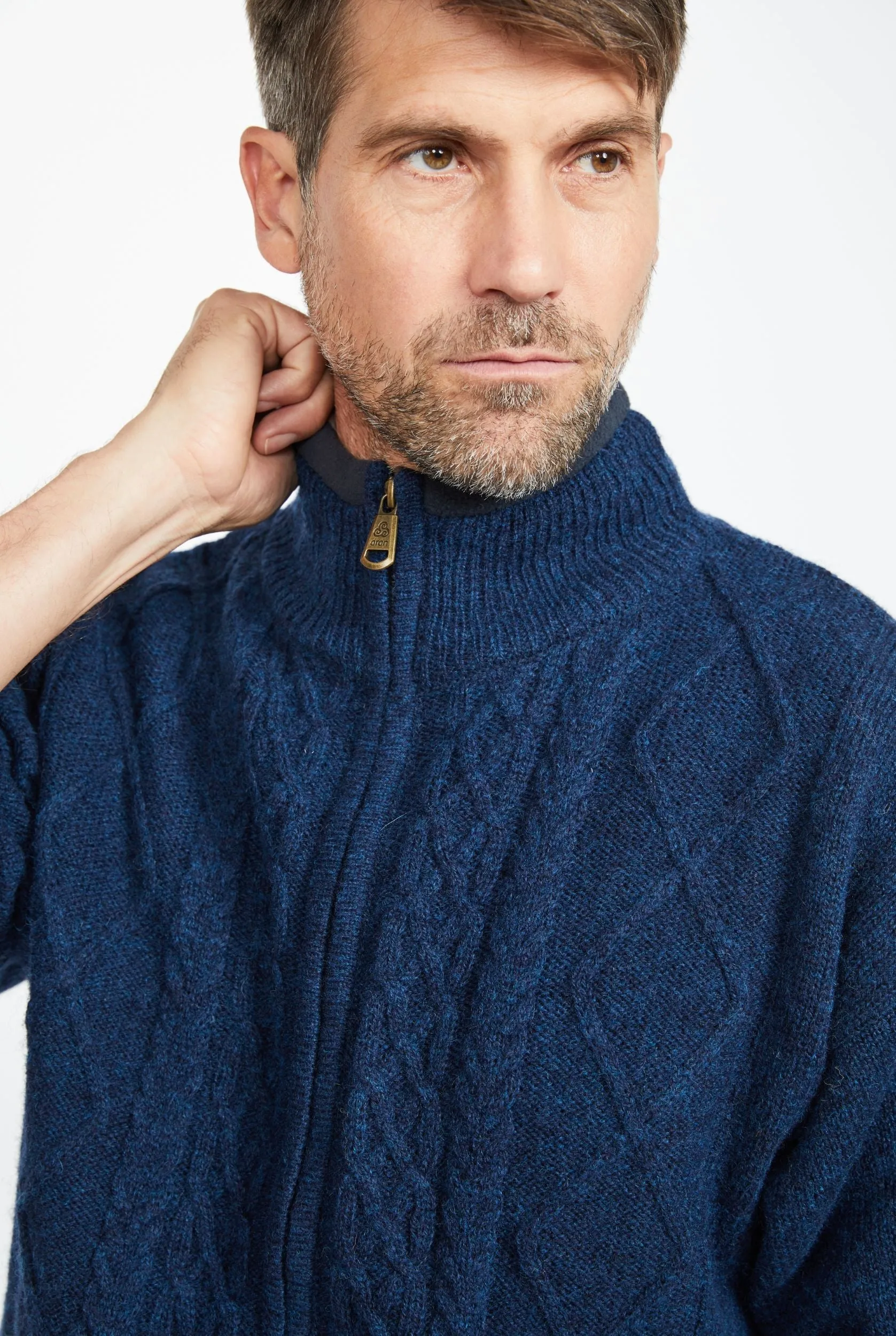 Mens Lined Wool Aran Cardigan | Blue