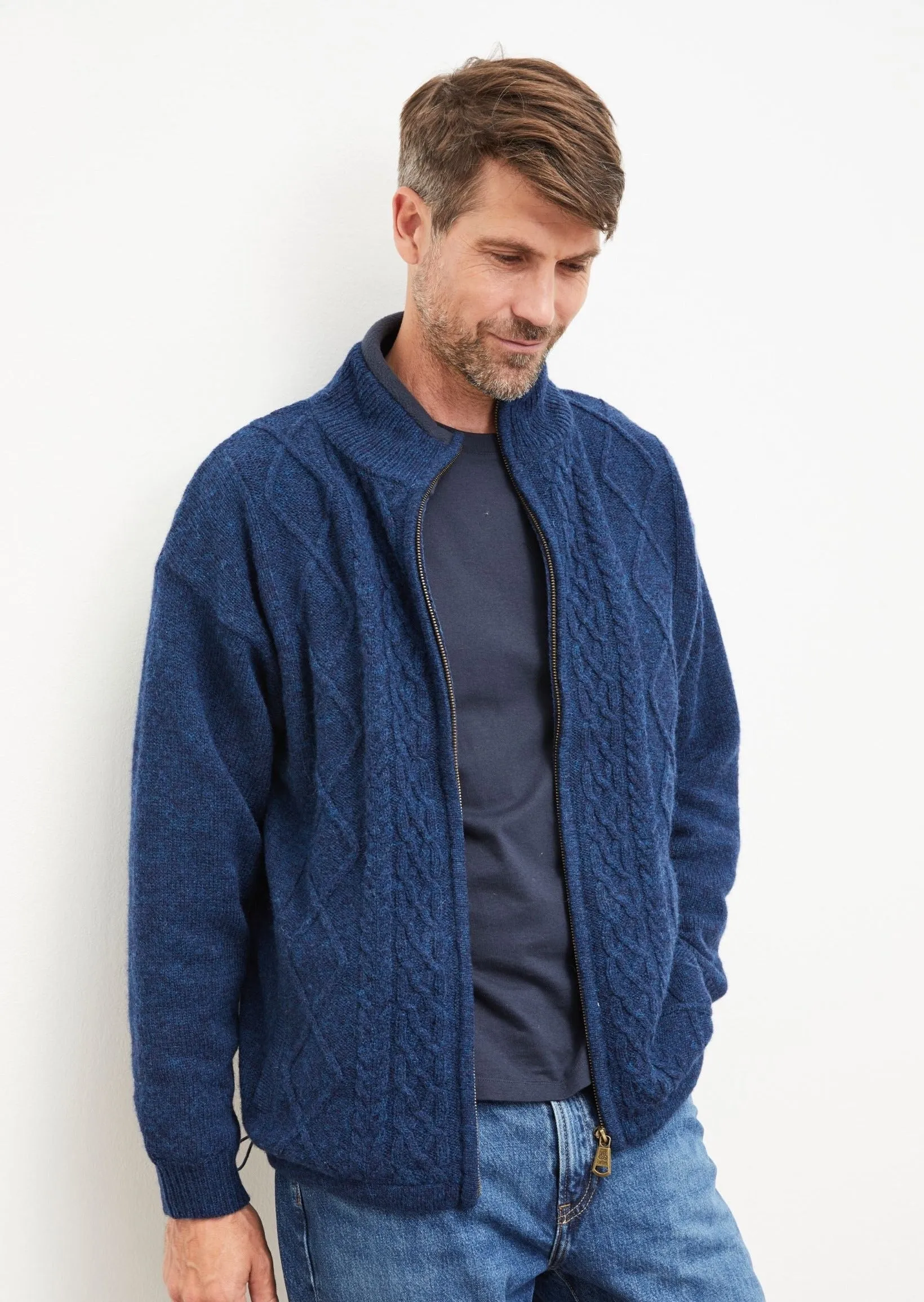 Mens Lined Wool Aran Cardigan | Blue