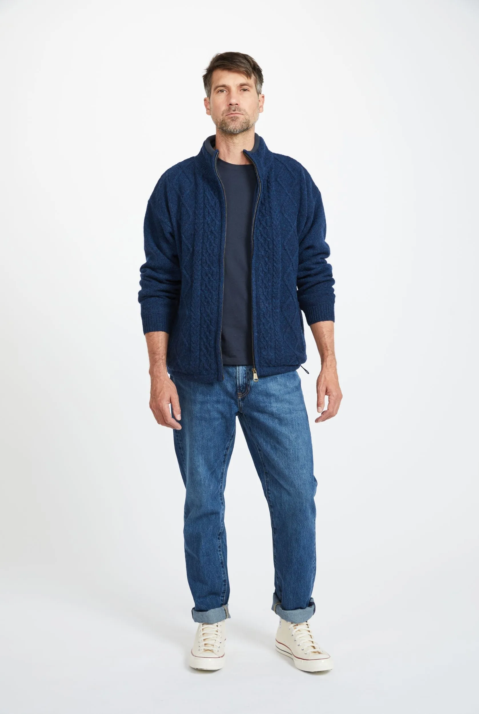 Mens Lined Wool Aran Cardigan | Blue