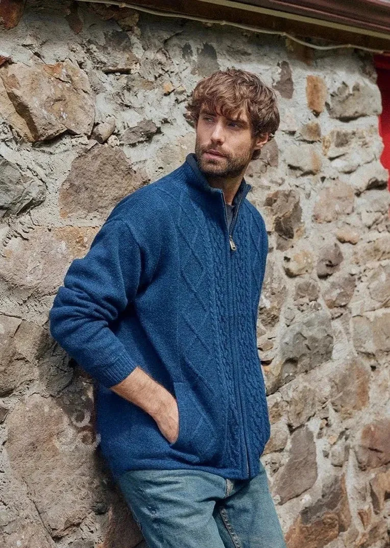 Mens Lined Wool Aran Cardigan | Blue