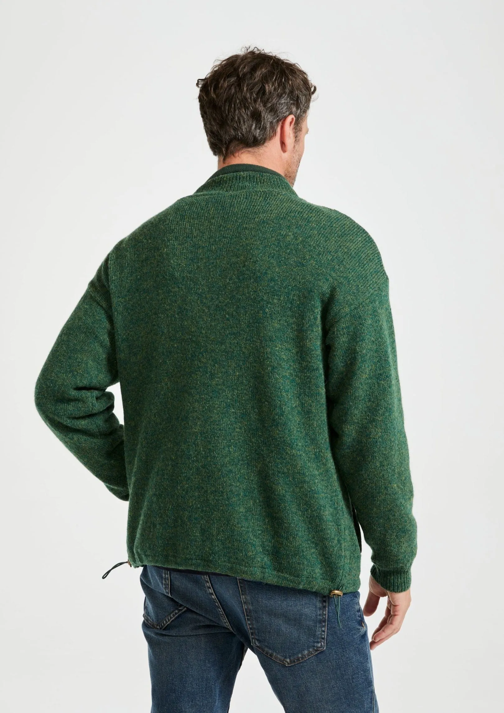 Mens Lined Wool Aran Cardigan | Green