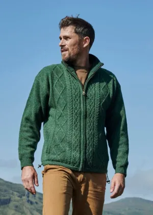 Mens Lined Wool Aran Cardigan | Green