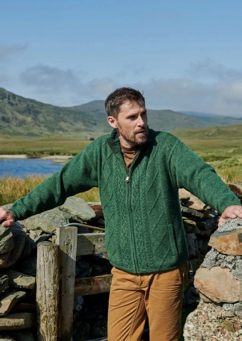 Mens Lined Wool Aran Cardigan | Green