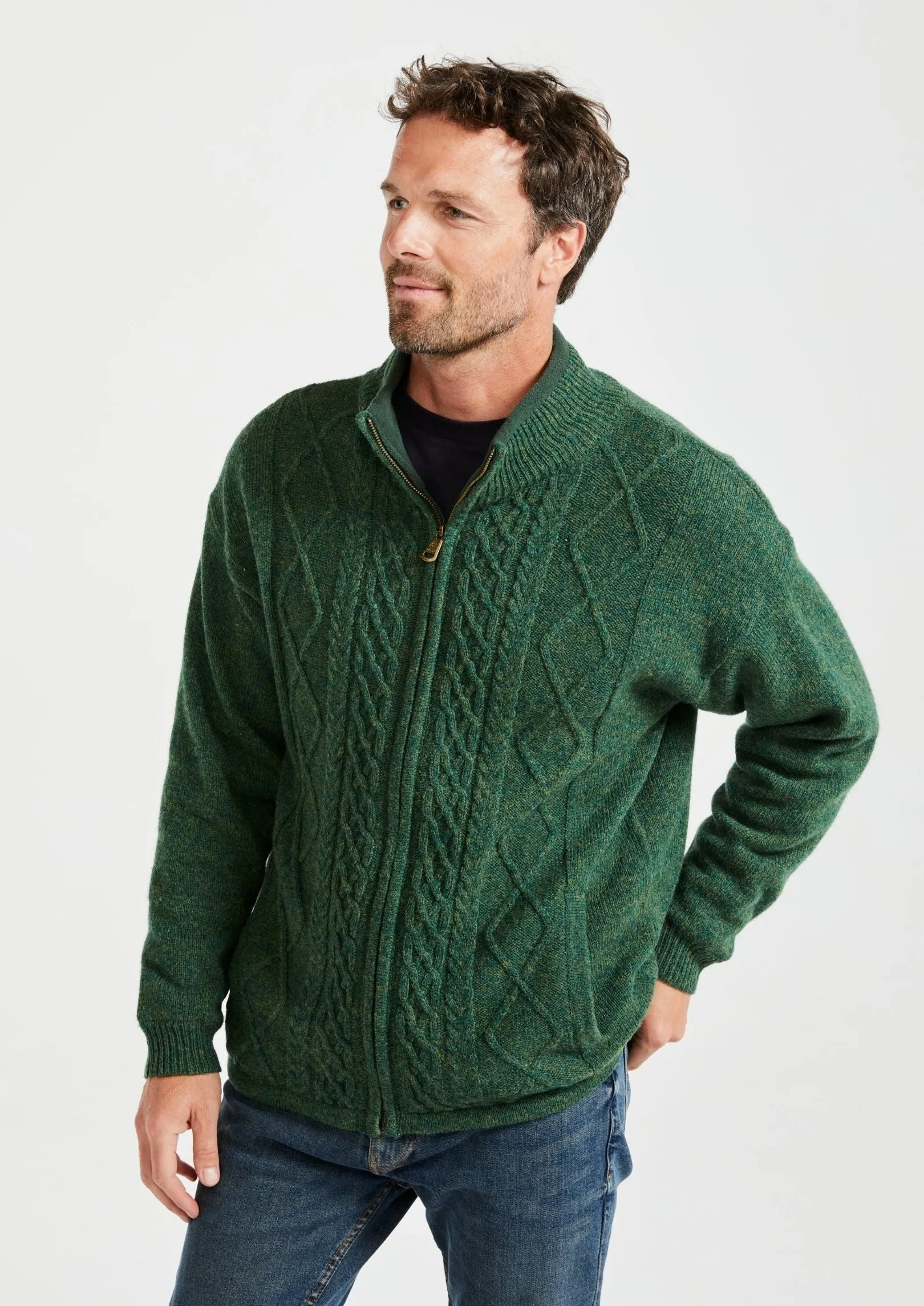 Mens Lined Wool Aran Cardigan | Green