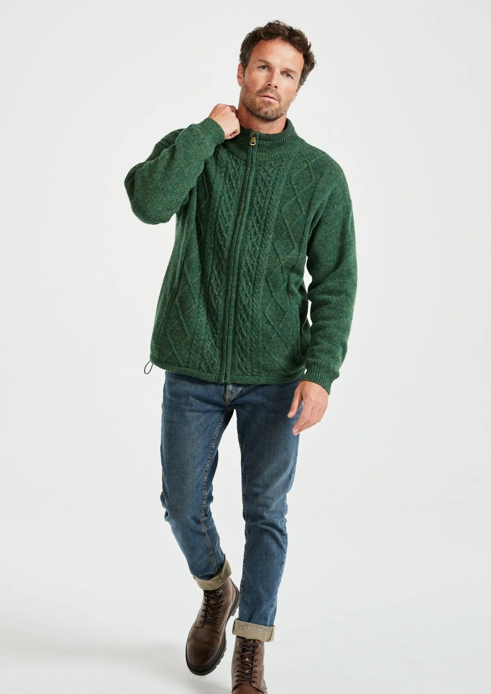 Mens Lined Wool Aran Cardigan | Green