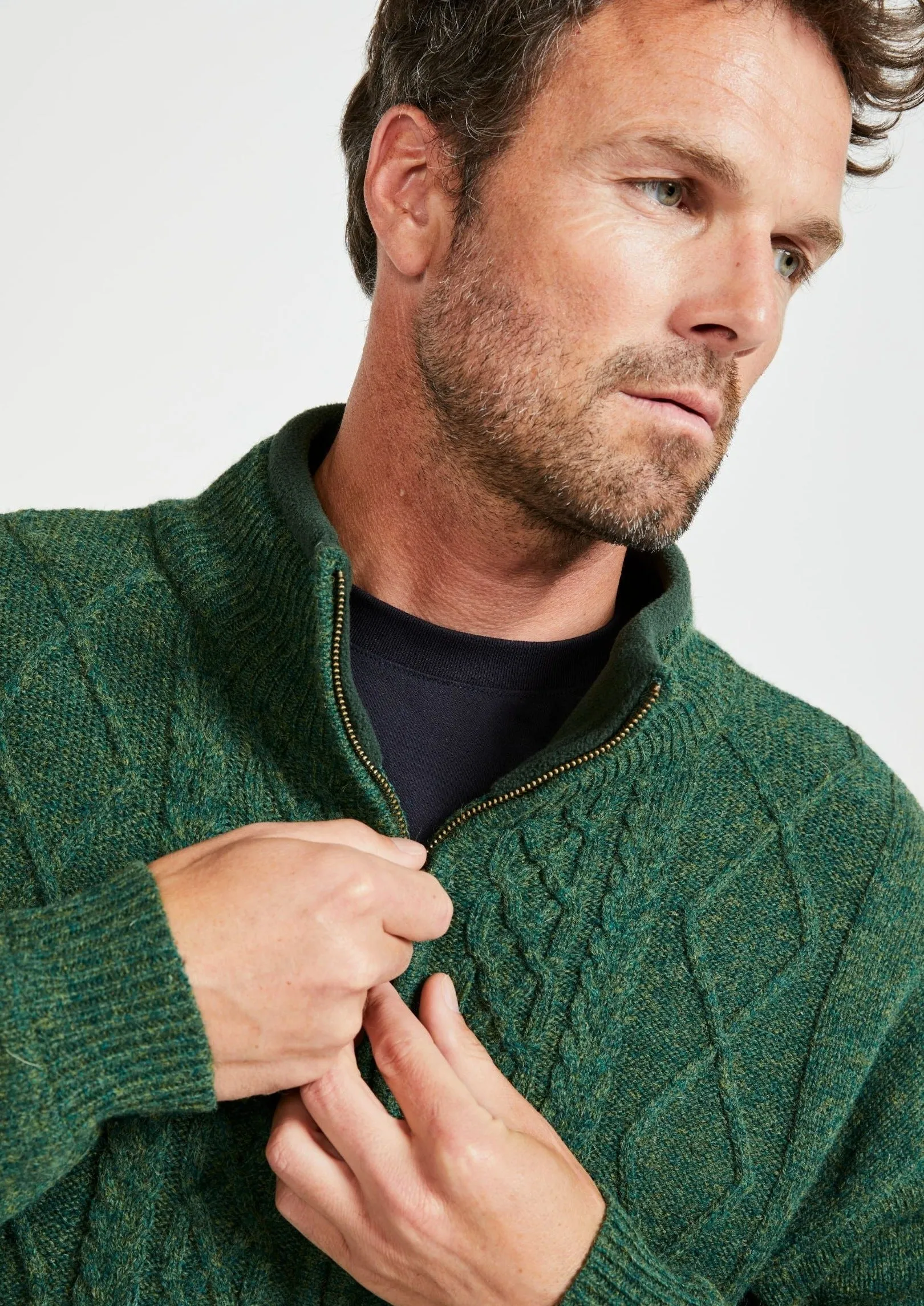 Mens Lined Wool Aran Cardigan | Green