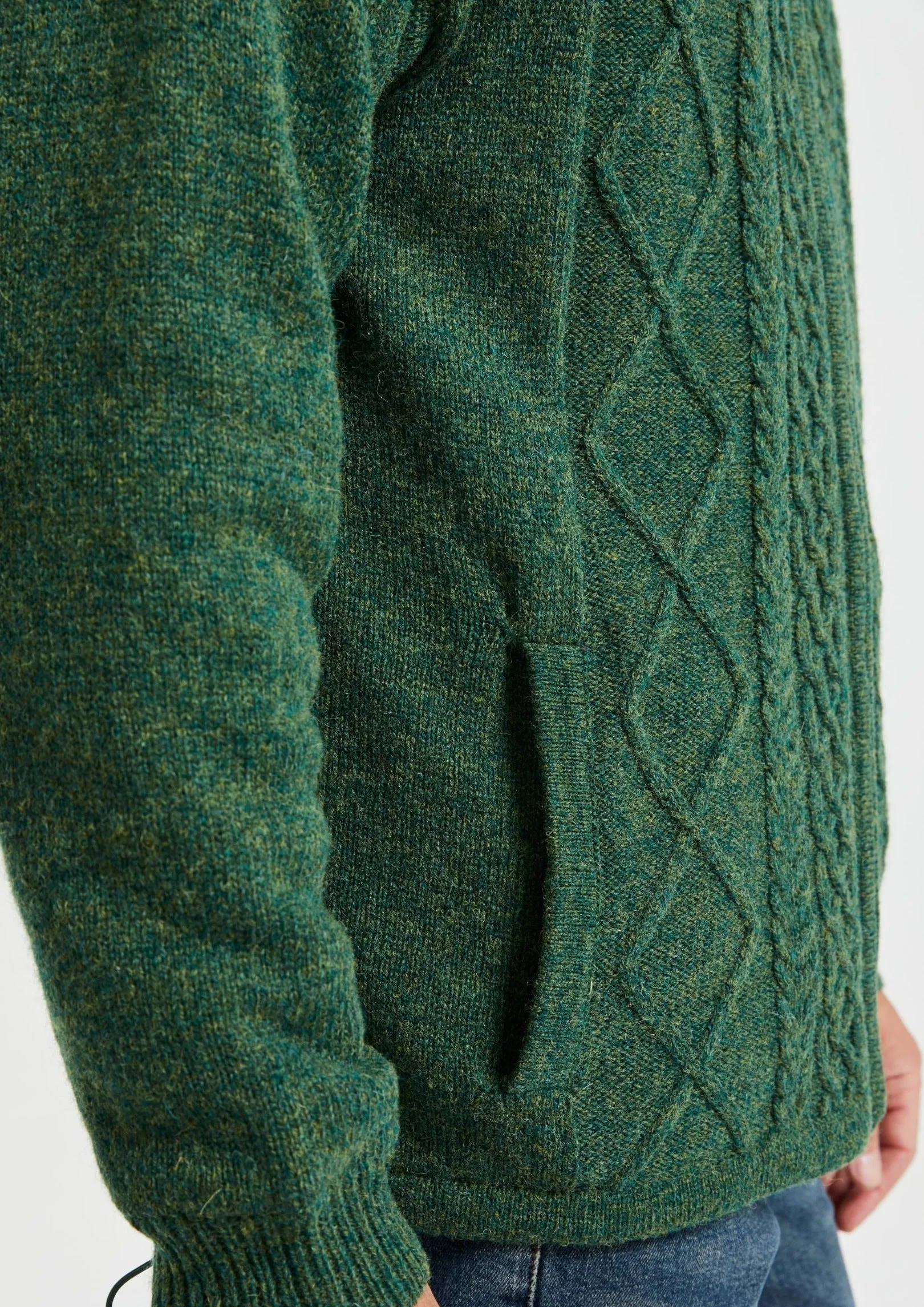 Mens Lined Wool Aran Cardigan | Green