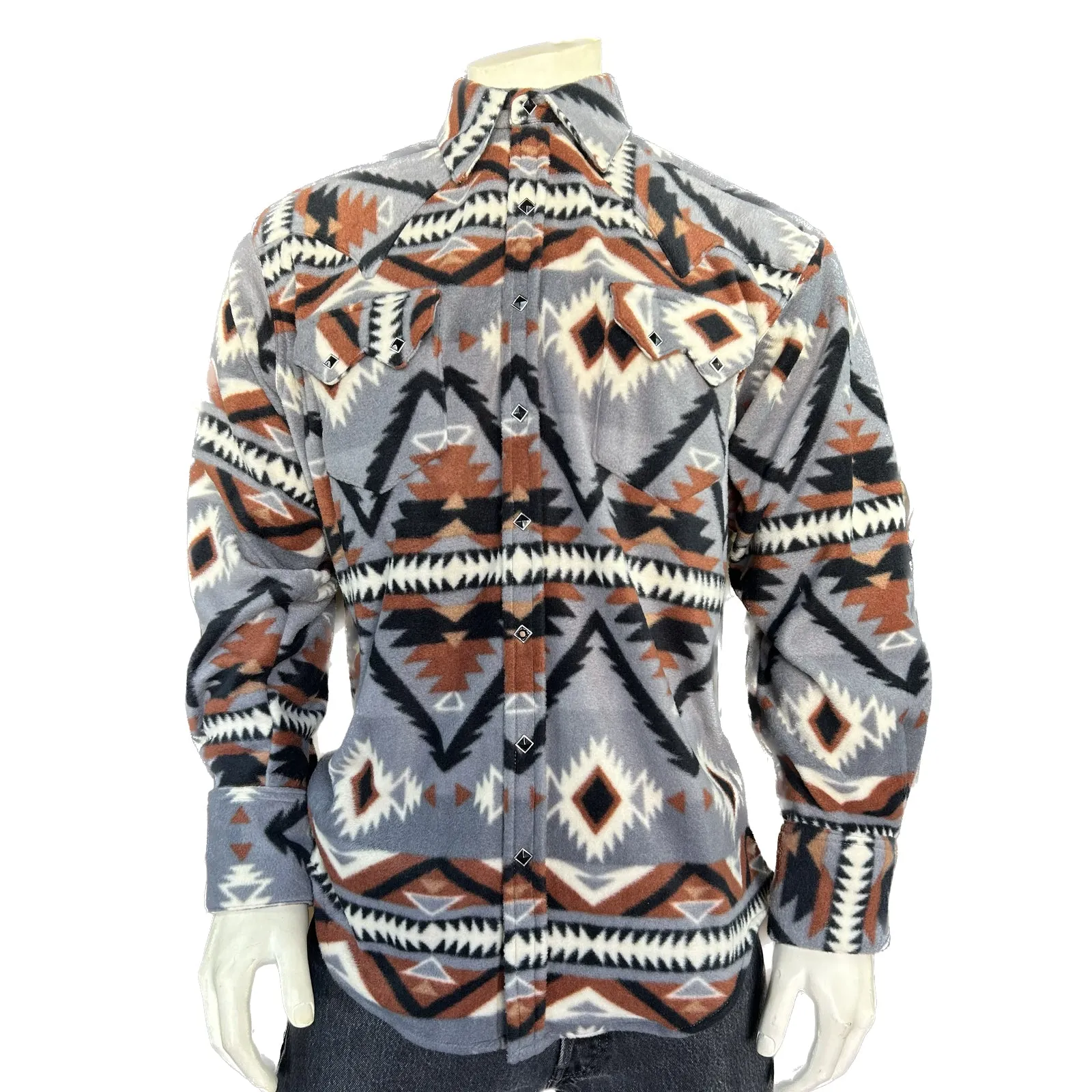 Men's Native Pattern Fleece Western Shirt in Grey & Brown