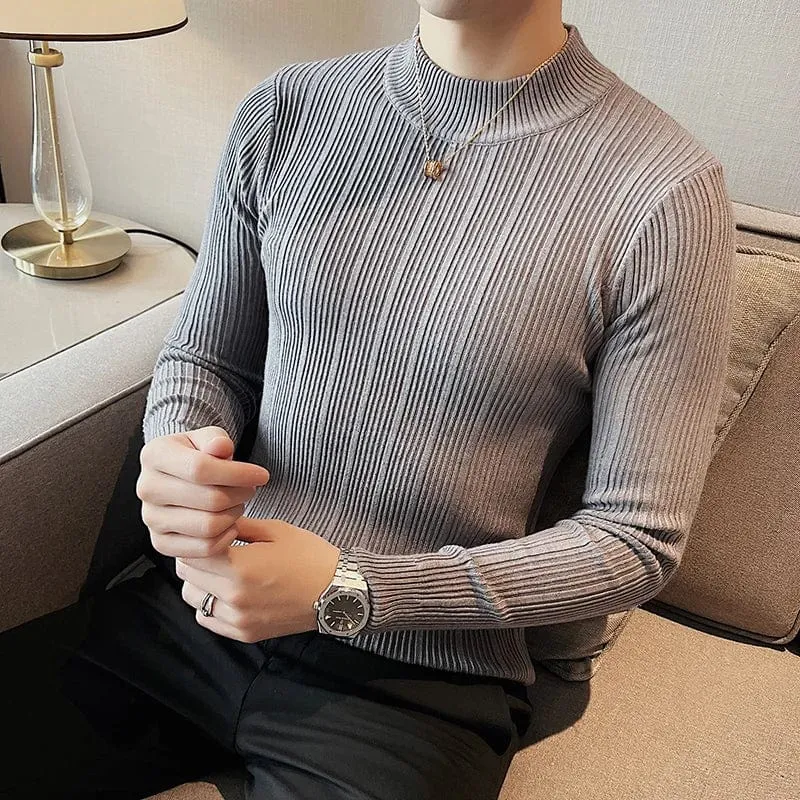 Men’s Slim Fit Turtleneck Knitted Sweater – Autumn Casual Striped Pullover Warm Top