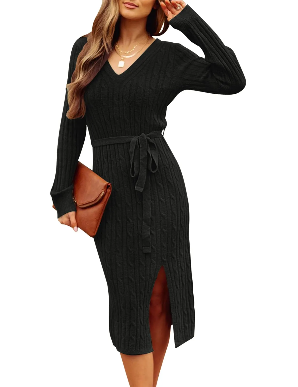 MEROKEETY Pullover Belted Bodycon Slit Sweater Dress