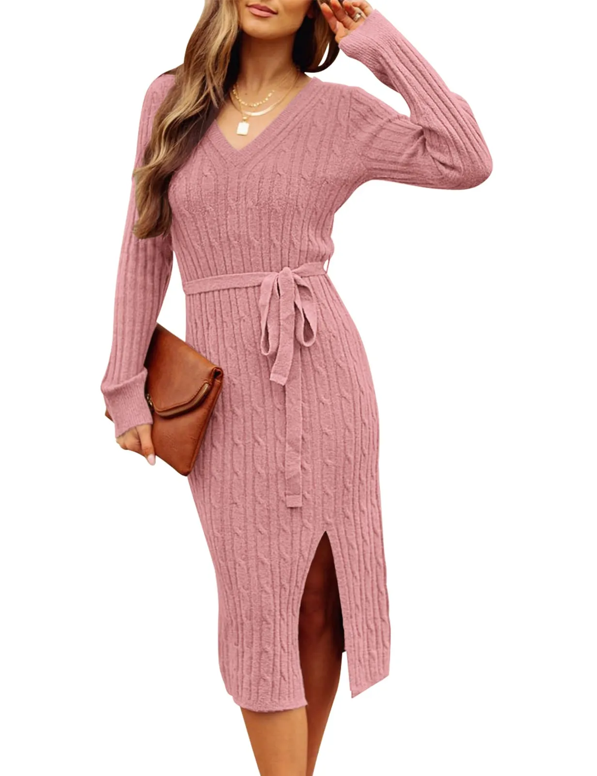 MEROKEETY Pullover Belted Bodycon Slit Sweater Dress