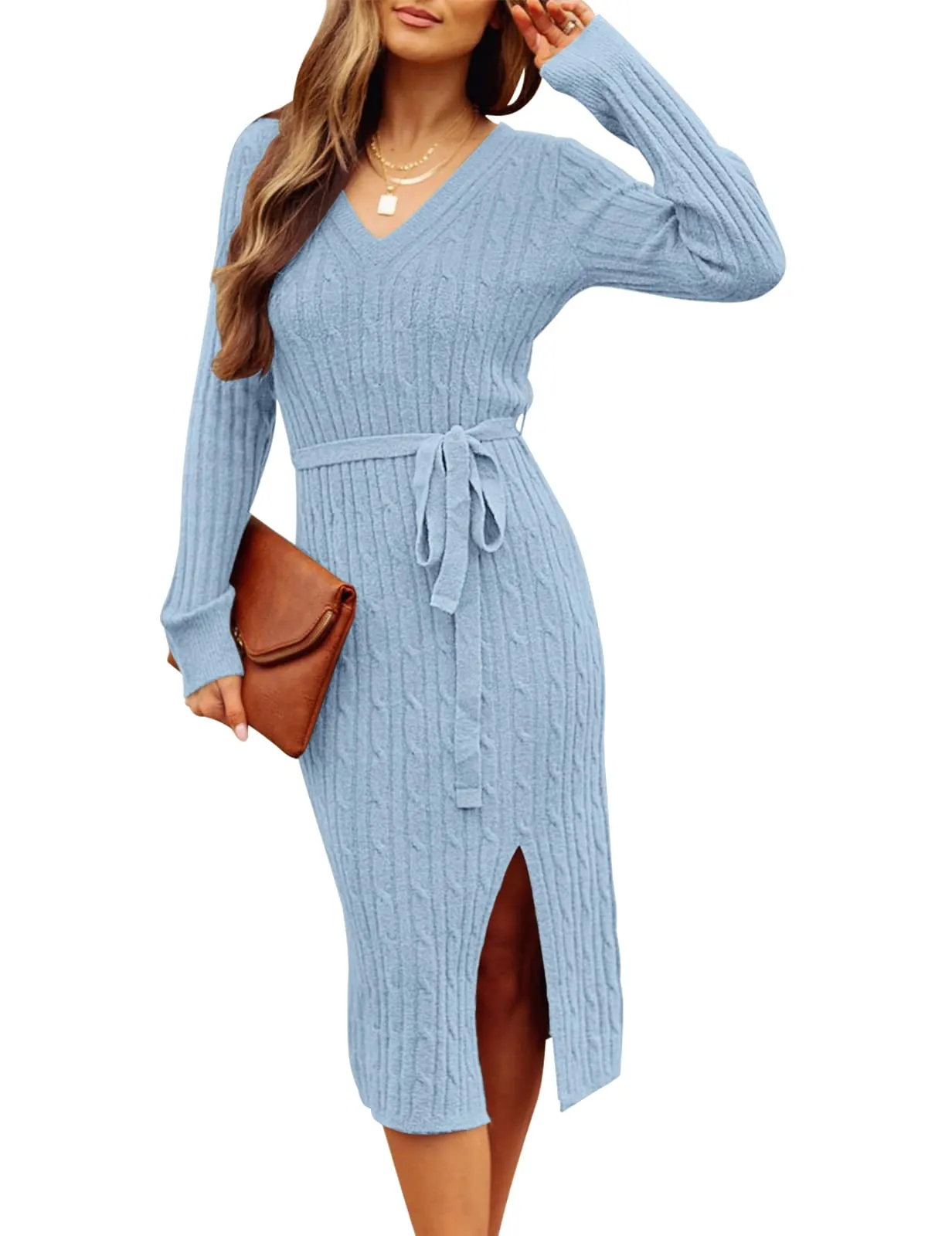 MEROKEETY Pullover Belted Bodycon Slit Sweater Dress