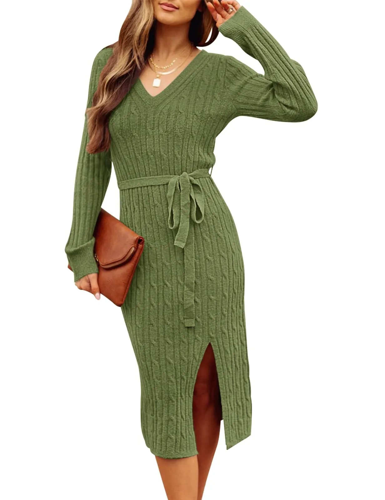 MEROKEETY Pullover Belted Bodycon Slit Sweater Dress