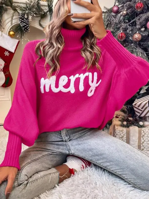 Merry Christmas Knit Turtle Neck Bat Sleeve Jumper Sweater