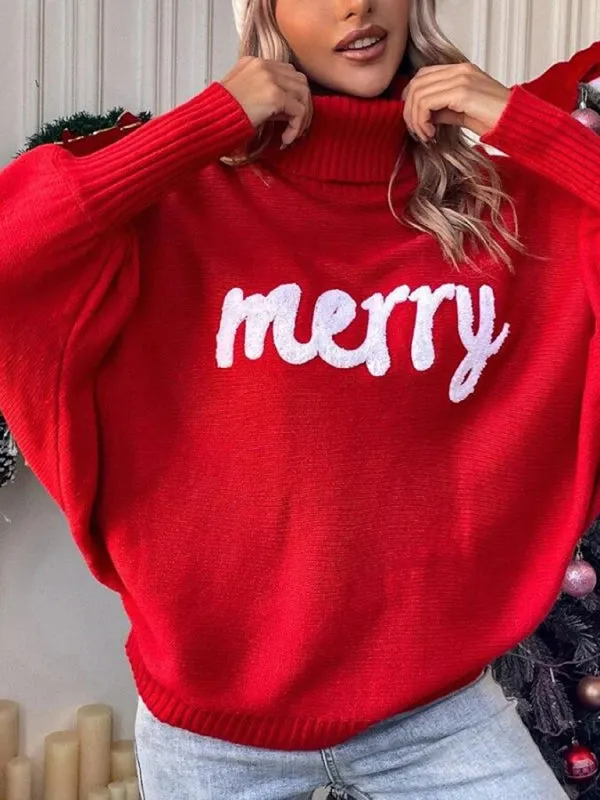 Merry Christmas Knit Turtle Neck Bat Sleeve Jumper Sweater