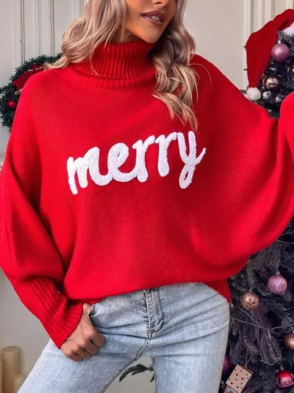 Merry Christmas Knit Turtle Neck Bat Sleeve Jumper Sweater