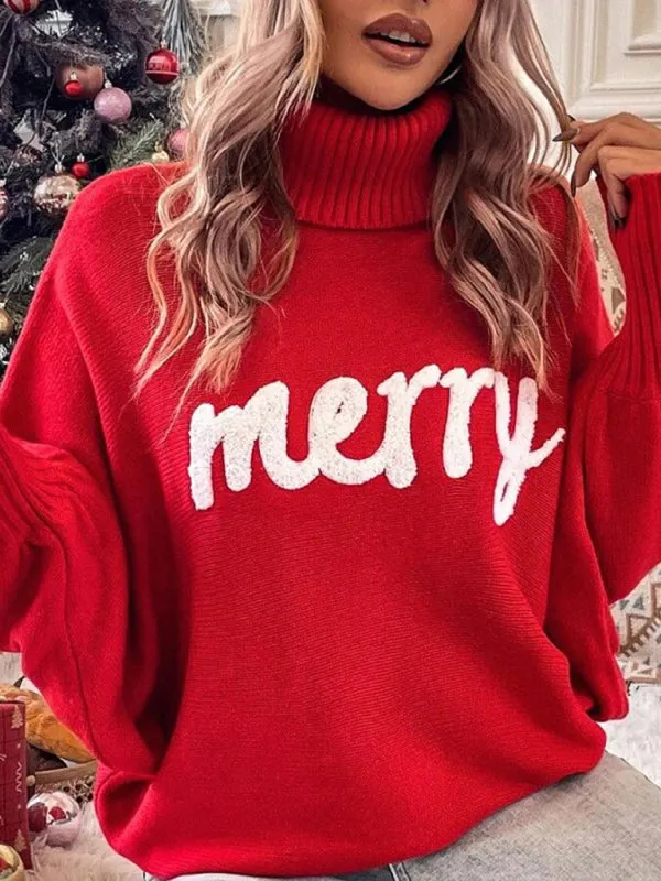 Merry Christmas Knit Turtle Neck Bat Sleeve Jumper Sweater