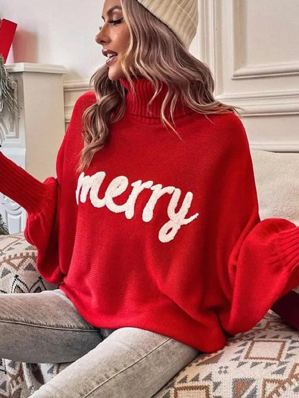 Merry Christmas Knit Turtle Neck Bat Sleeve Jumper Sweater