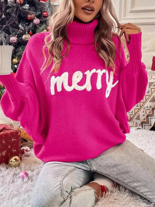 Merry Christmas Knit Turtle Neck Bat Sleeve Jumper Sweater