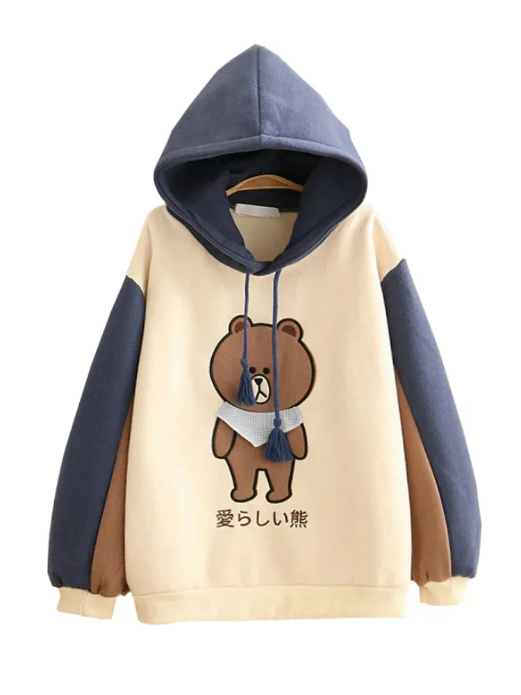 Merry Pretty Women Harajuku Cartoon Bear Embroidery Hooded Sweatshirts Winter Plus Velvet Cute Hoodies Sweatshirt Tracksuit