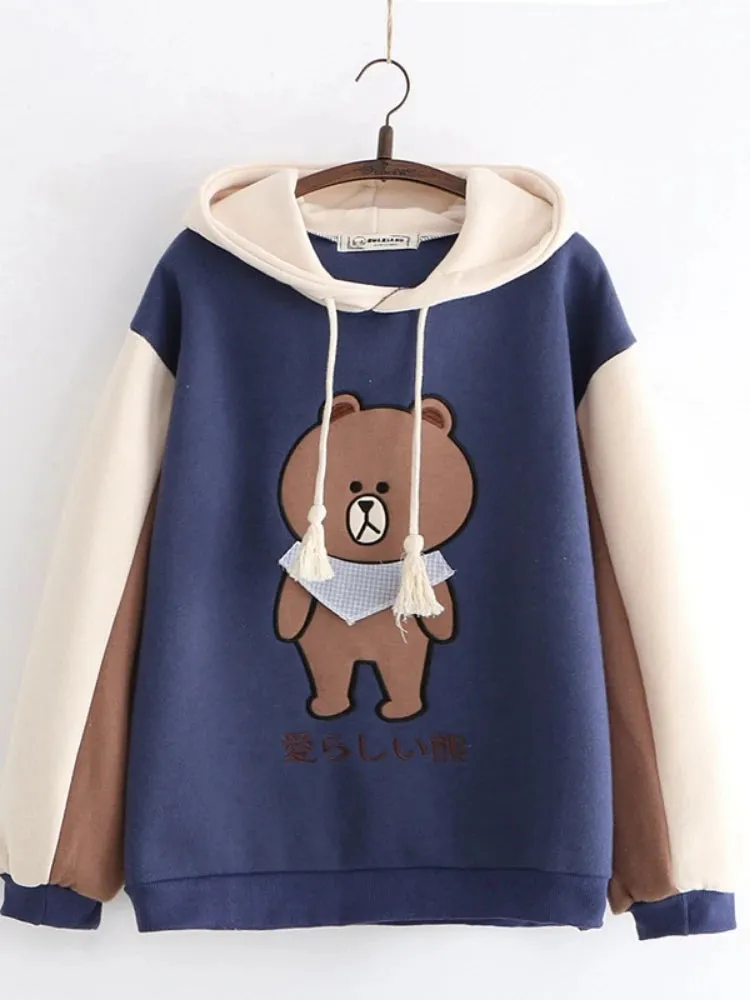 Merry Pretty Women Harajuku Cartoon Bear Embroidery Hooded Sweatshirts Winter Plus Velvet Cute Hoodies Sweatshirt Tracksuit