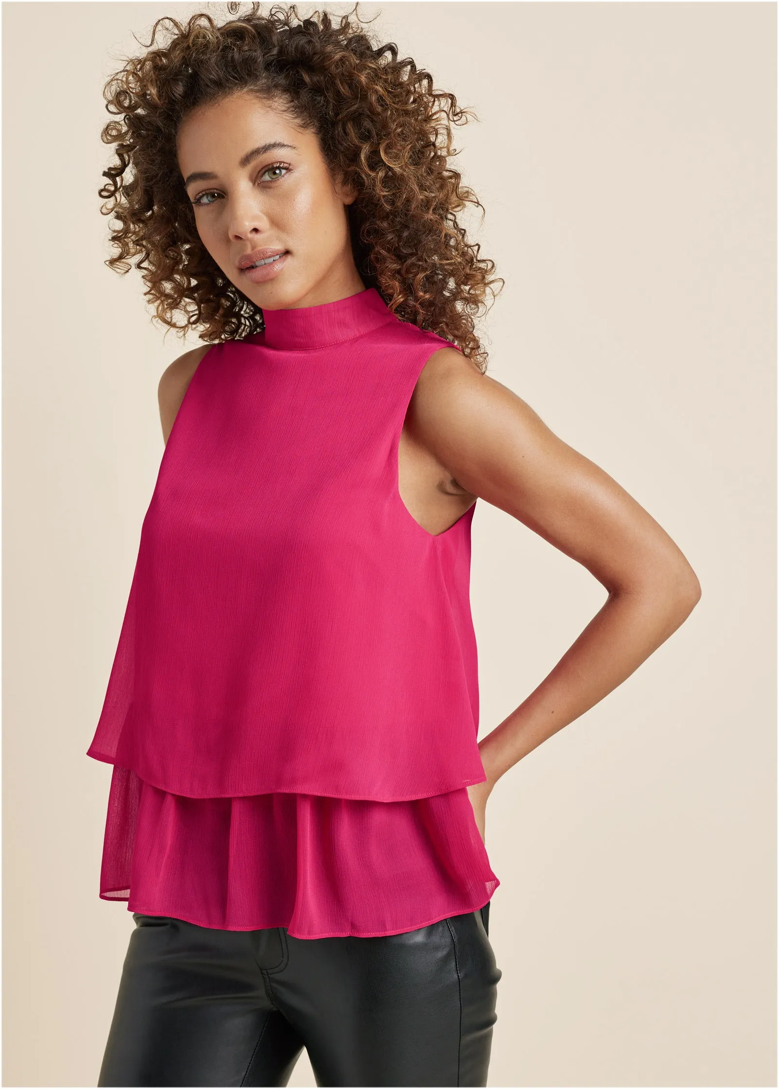 Mock Neck Tiered Top - Fuchsia