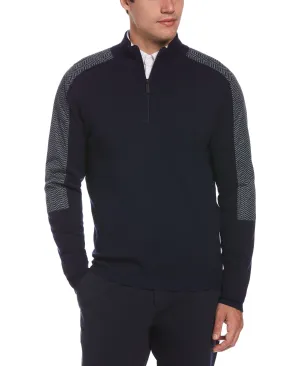 Nylon Pieced Herringbone Print Quarter Zip Sweater