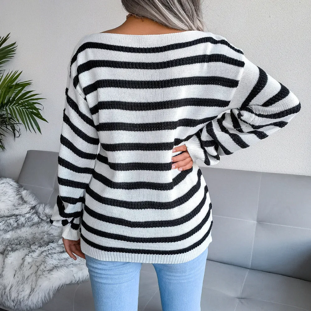 Off  Shoulder Casual Loose Striped Knitted Sweater Tops