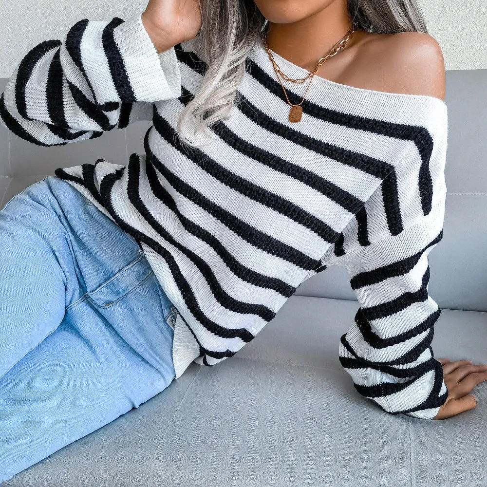 Off  Shoulder Casual Loose Striped Knitted Sweater Tops